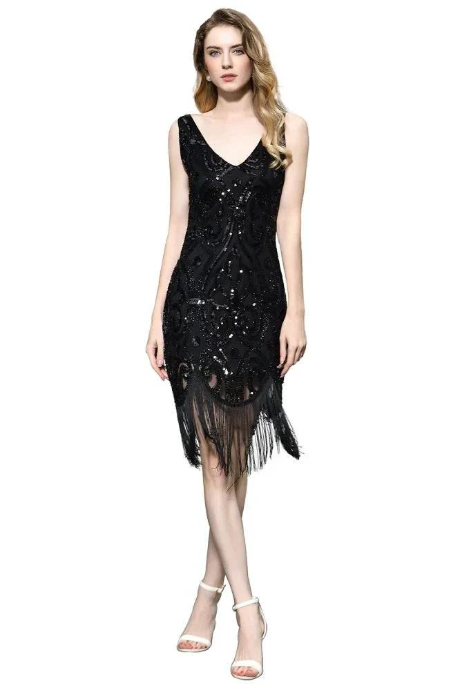 Retro Sparkly Sequins Slim Prom Dress Black V-Neck Sleeveless Flapper Roaring Party Dress by misshow.com