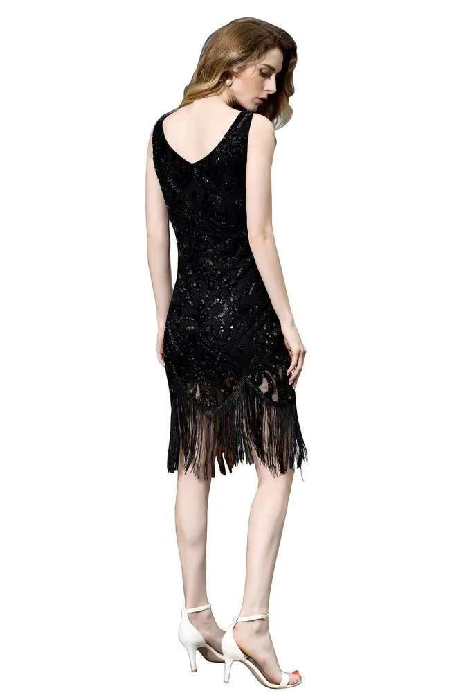 Retro Sparkly Sequins Slim Prom Dress Black V-Neck Sleeveless Flapper Roaring Party Dress by misshow.com