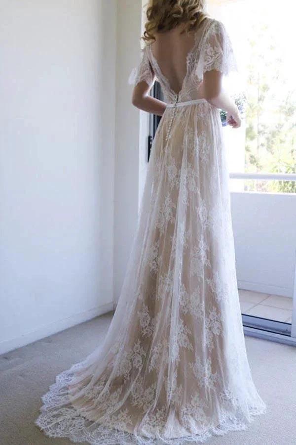Romantic A-line White Lace Long Wedding Dress with Open Back WD111 by pgmdress