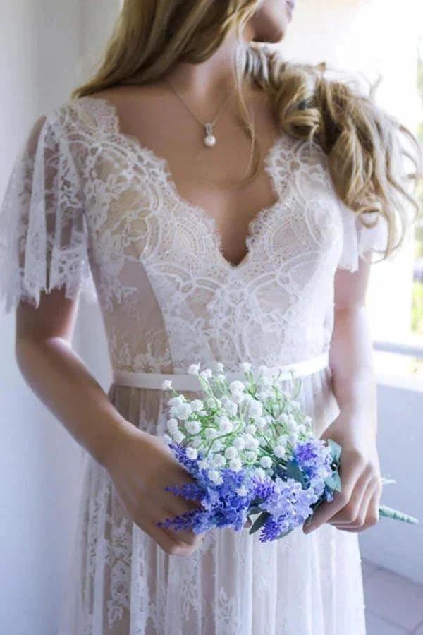 Romantic A-line White Lace Long Wedding Dress with Open Back WD111 by pgmdress