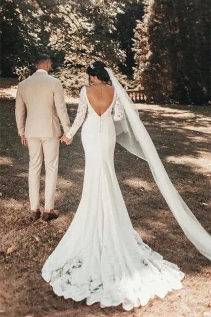 Romantic Backless Long Sleeves Mermaid Wedding Dresses by misshow.com