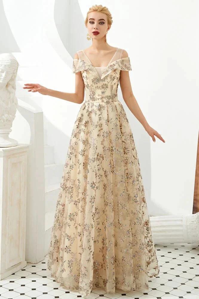 Romantic Floral Short Sleeves aline Spring Evening Party Dress Floor Length Dancing Dress by misshow.com