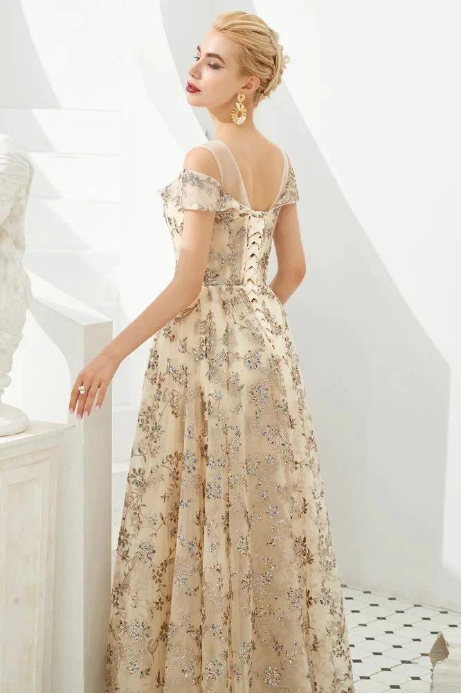 Romantic Floral Short Sleeves aline Spring Evening Party Dress Floor Length Dancing Dress by misshow.com