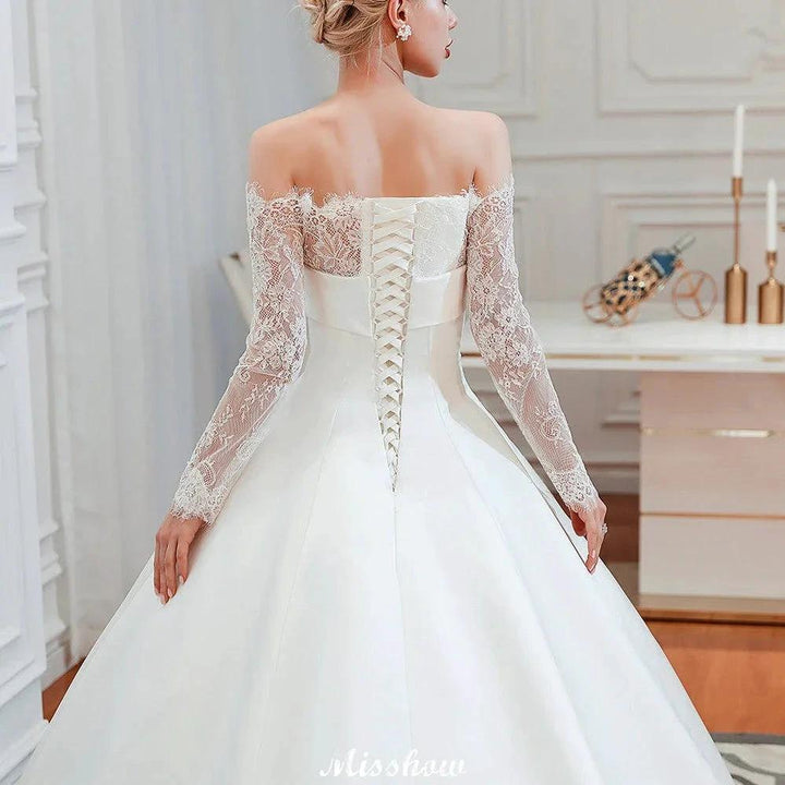 Romantic Lace Princess Satin Wedding Dress| Aline Bridal Gown with Cathedral Train by misshow.com
