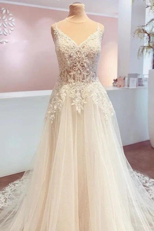 Romantic Long A-Line Spaghetti Straps Appliques Lace Backless Wedding Dress by BIZTUNNEL