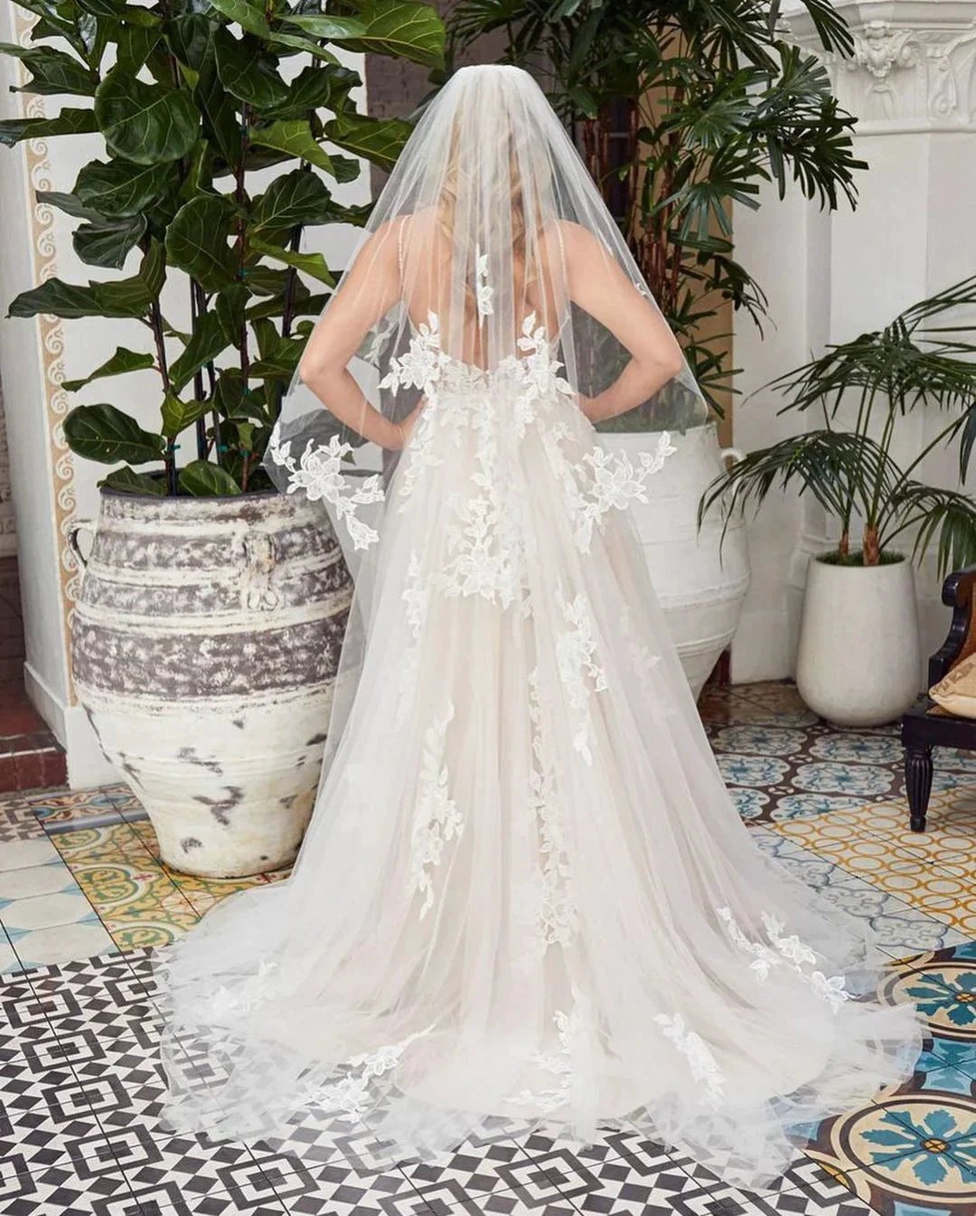 Romantic Long A-line V-neck Lace Tulle Lace Open Back Wedding Dress by BIZTUNNEL