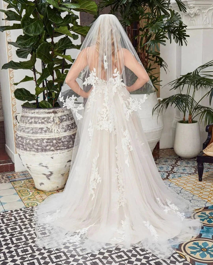 Romantic Long A-line V-neck Lace Tulle Lace Open Back Wedding Dress by BIZTUNNEL