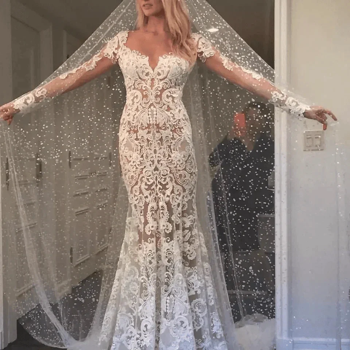 Romantic Long Appliques Backless Lace Mermaid Ivory Wedding Dresses WD140 by pgmdress