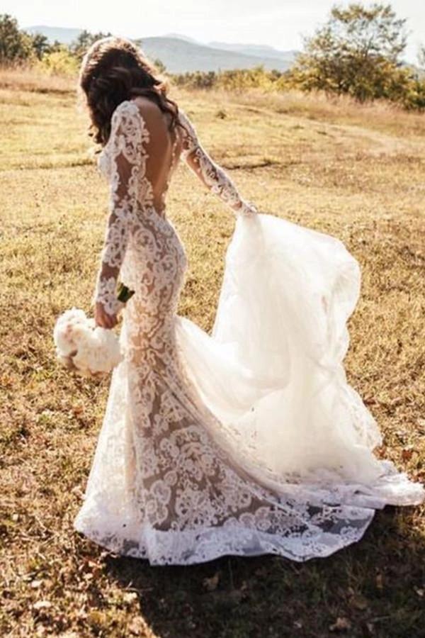Romantic Long Appliques Backless Lace Mermaid Ivory Wedding Dresses WD140 by pgmdress