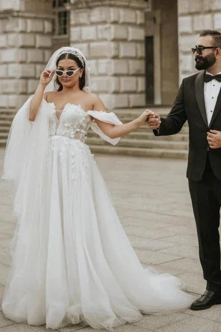 Romantic off-the-shoulder cap sleeves a-line tulle Wedding dress by misshow.com