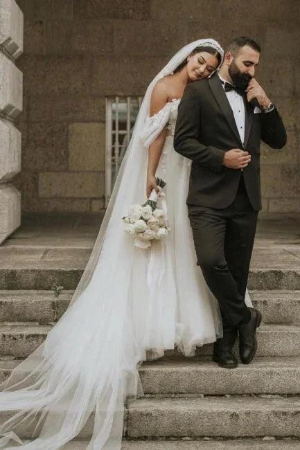 Romantic off-the-shoulder cap sleeves a-line tulle Wedding dress by misshow.com