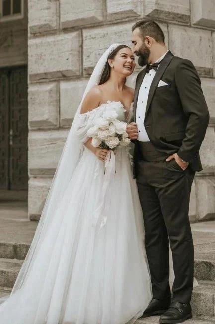 Romantic off-the-shoulder cap sleeves a-line tulle Wedding dress by misshow.com