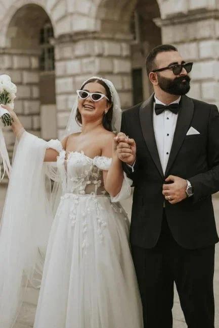Romantic off-the-shoulder cap sleeves a-line tulle Wedding dress by misshow.com