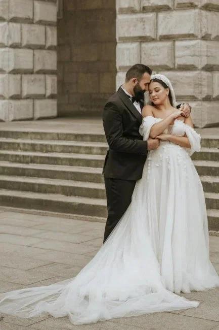 Romantic off-the-shoulder cap sleeves a-line tulle Wedding dress by misshow.com