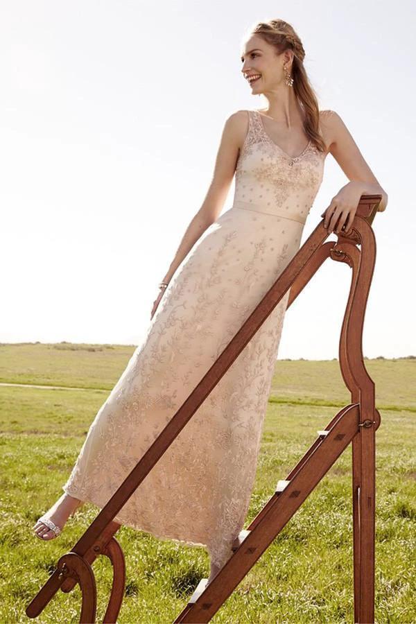 Romantic V Neck Blush Pink Lace Wedding Dresses Detachable Skirt Bridal Dresses WD088 by pgmdress