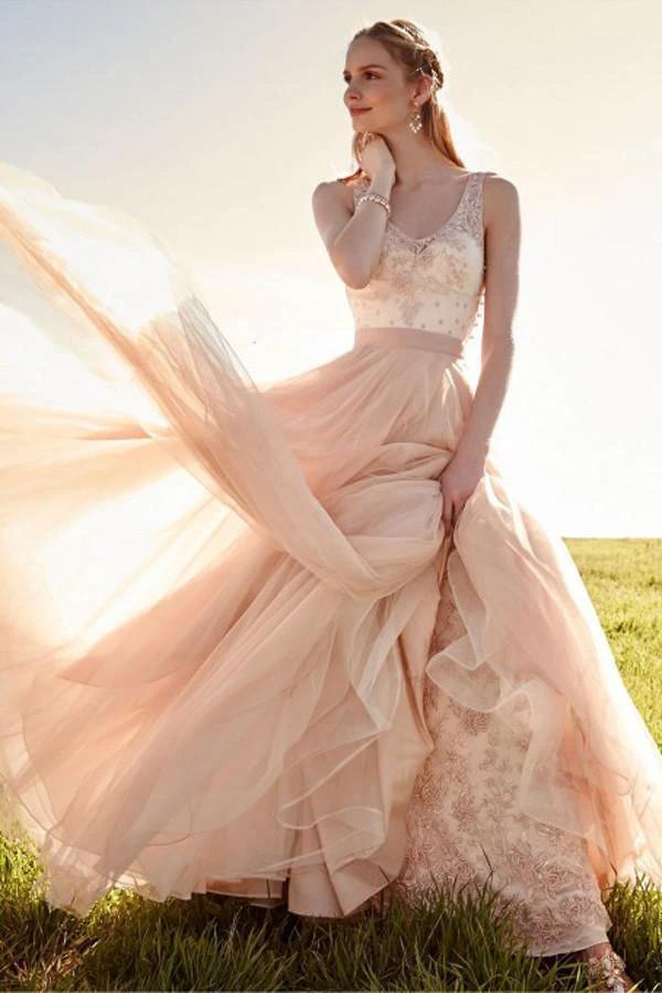 Romantic V Neck Blush Pink Lace Wedding Dresses Detachable Skirt Bridal Dresses WD088 by pgmdress
