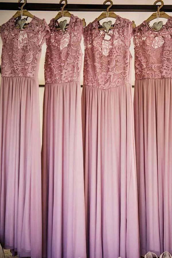 Round Neck Cap Sleeves Chiffon Bridesmaid Dress with Lace BD050 by pgmdress