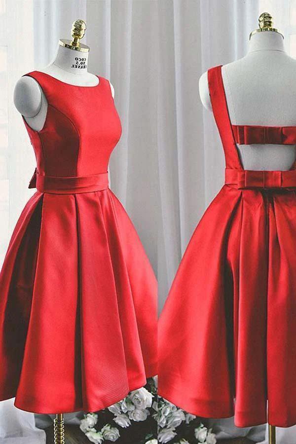 Round Neck Cute Red A line Satin Short Prom Dress Homecoming Dress PD129 by pgmdress