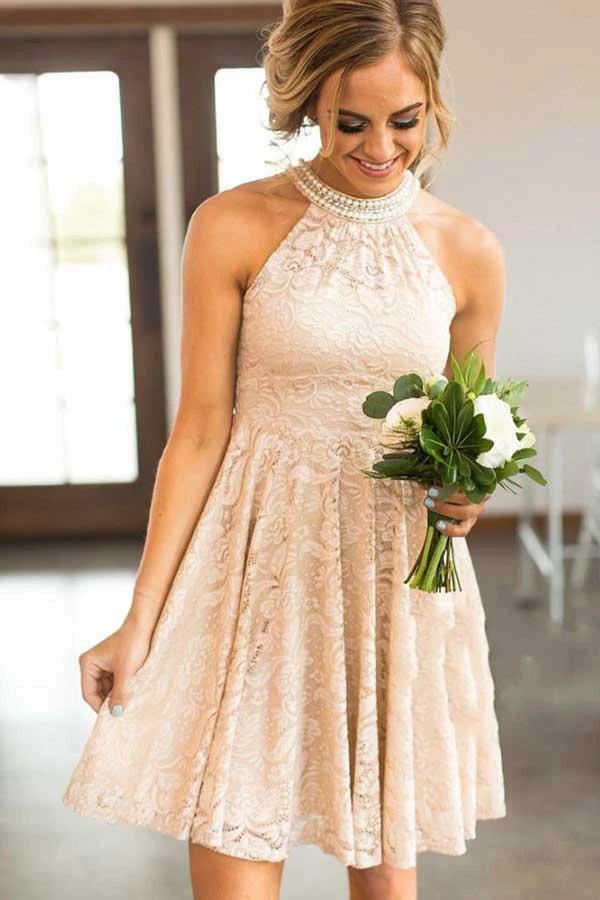 Round Neck Short Pearl Pink Lace Homecoming Party Dress with Pearls PD078 by pgmdress