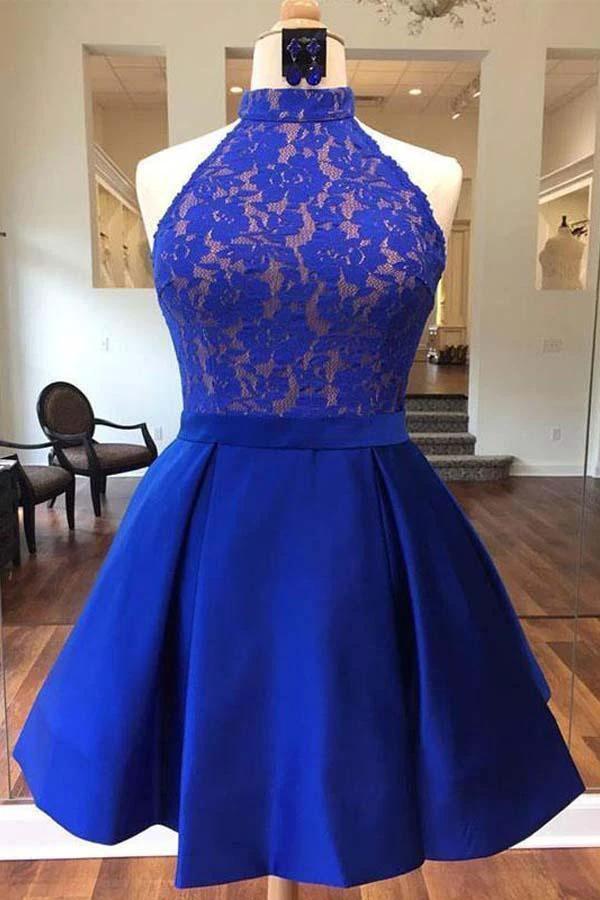 Royal Blue Halter Satin Short Prom Dresses Homecoming Dresses PD161 by pgmdress