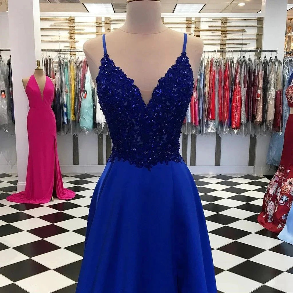 Royal Blue Long A-Line Sequins Satin V-neck Prom Dresses by BIZTUNNEL