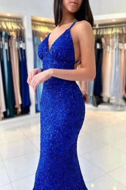 Royal Blue Long Mermaid V-neck Spaghetti Straps Backless Sequined Formal Prom Dresses by BIZTUNNEL