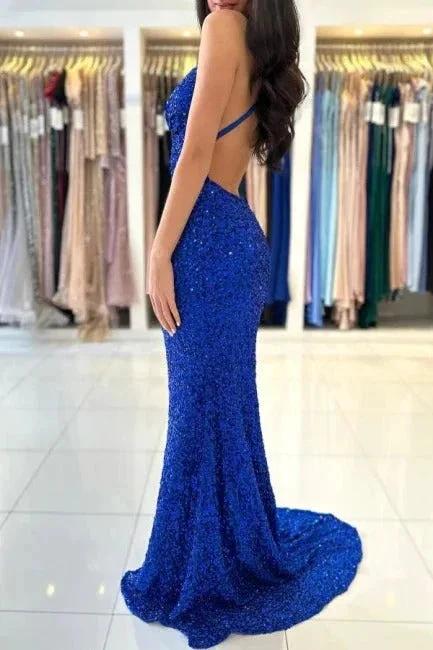 Royal Blue Long Mermaid V-neck Spaghetti Straps Backless Sequined Formal Prom Dresses by BIZTUNNEL