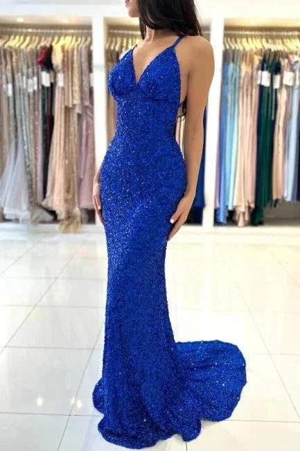 Royal Blue Long Mermaid V-neck Spaghetti Straps Backless Sequined Formal Prom Dresses by BIZTUNNEL