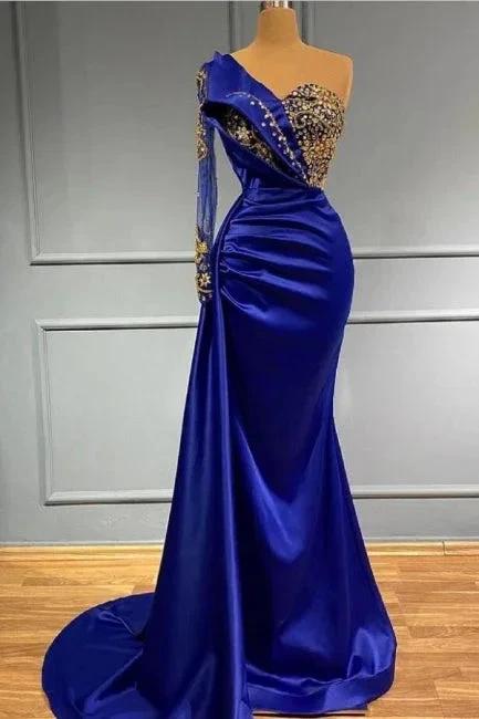 Royal Blue Long One Shoulder Mermaid Prom Dresses with Sleeves by misshow.com