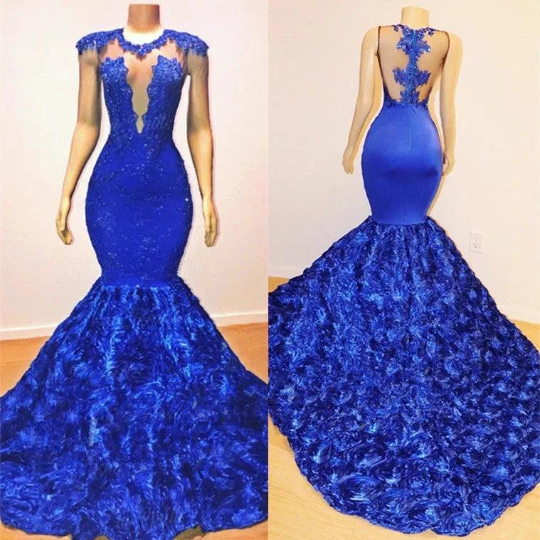 Royal Blue Mermaid Sexy Flowers Sleeveless Sheer Evening Dress by misshow.com