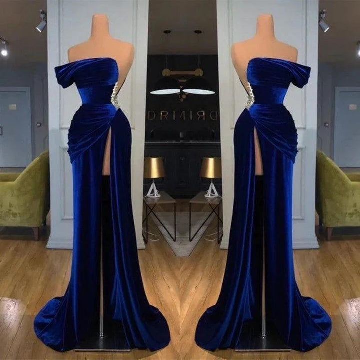 Royal Blue Off-the-shoulder Long Prom Evening Dress with Split by misshow.com