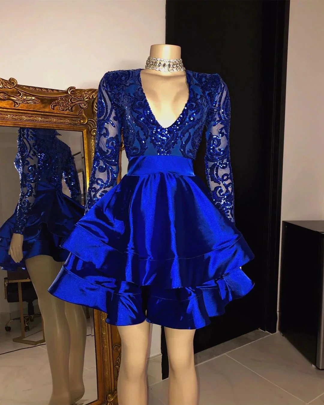 Royal Blue V-neck Long Sleeves Knee Length A-line Party Party Dresses by misshow.com