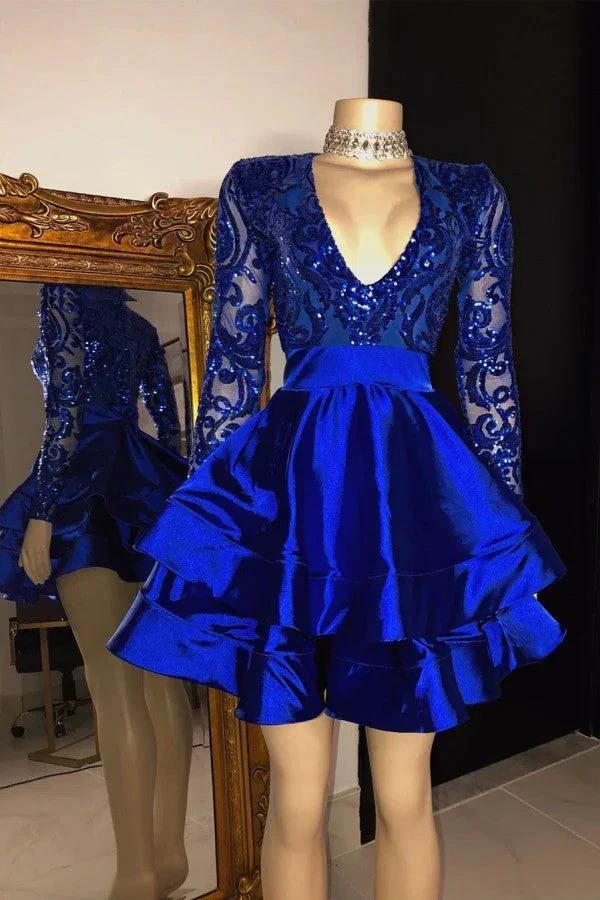 Royal Blue V-neck Long Sleeves Knee Length A-line Party Party Dresses by misshow.com