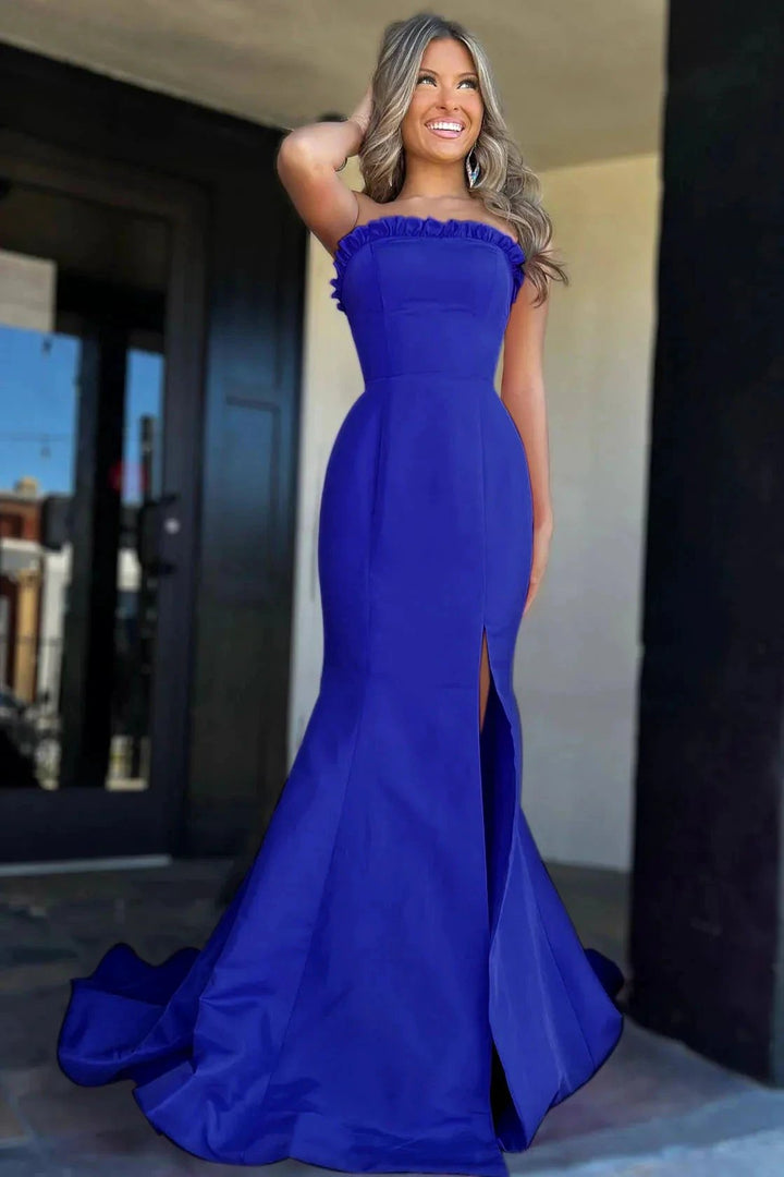 Denver | Strapless Maganta Ruffle Mermaid Slit Long Prom Dress by KissProm