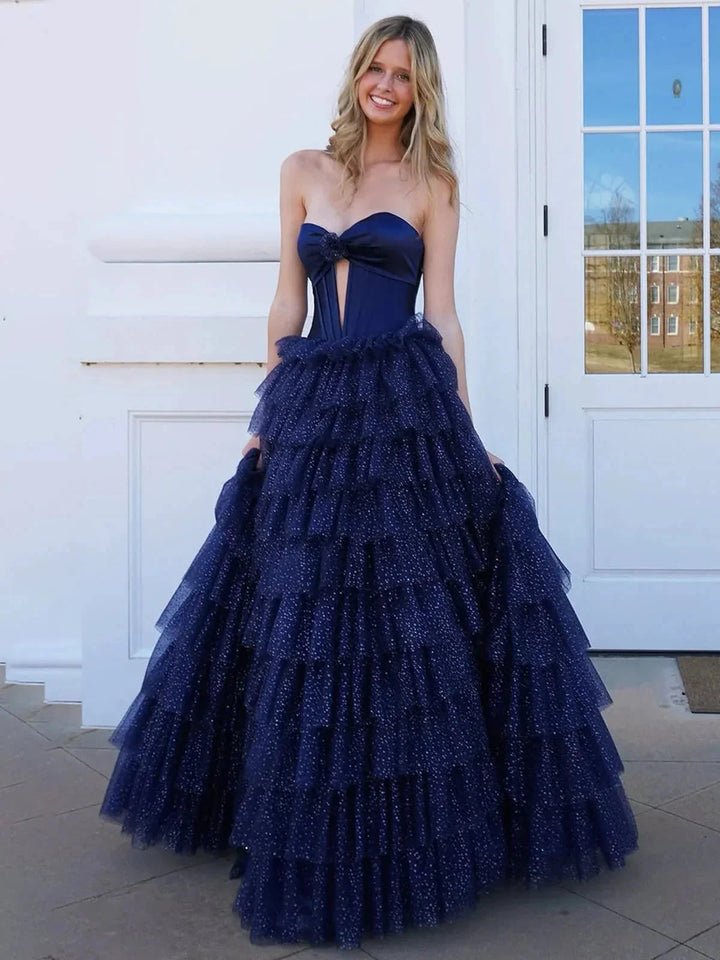 Rozara | Fuchsia A-Line Sweetheart Keyhole Tiered Tulle Long Prom Dresses by KissProm