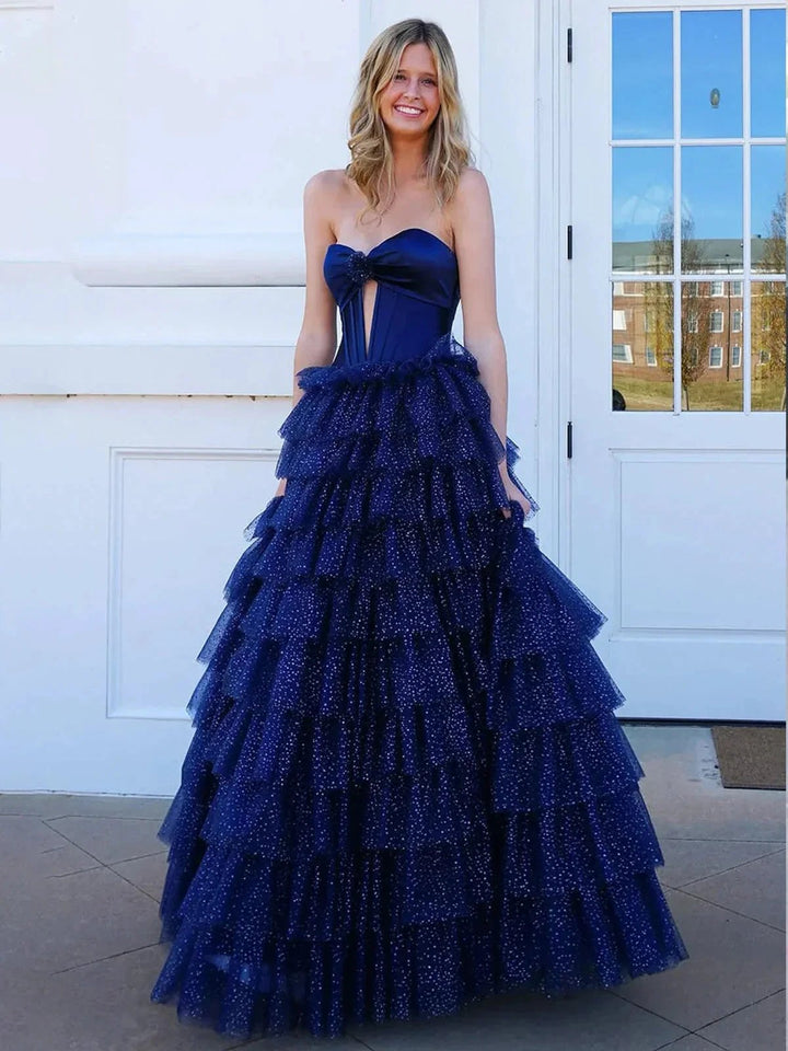 Rozara | Fuchsia A-Line Sweetheart Keyhole Tiered Tulle Long Prom Dresses by KissProm