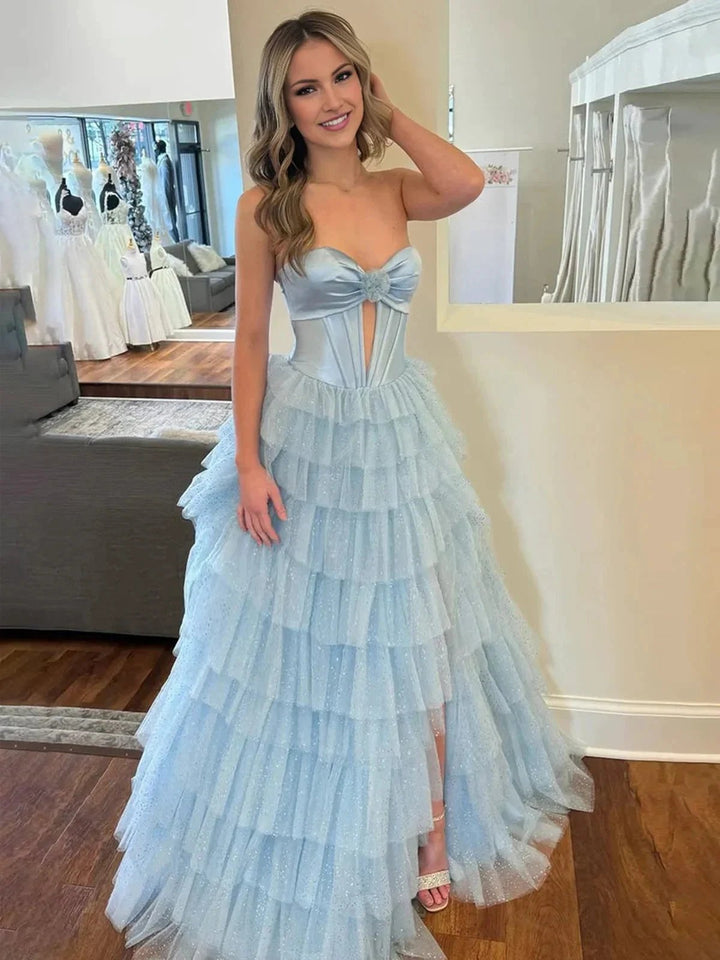Rozara | Fuchsia A-Line Sweetheart Keyhole Tiered Tulle Long Prom Dresses by KissProm