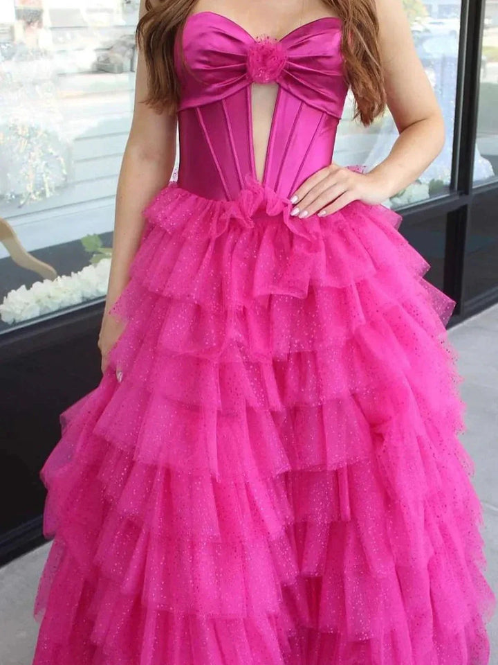 Rozara | Fuchsia A-Line Sweetheart Keyhole Tiered Tulle Long Prom Dresses by KissProm