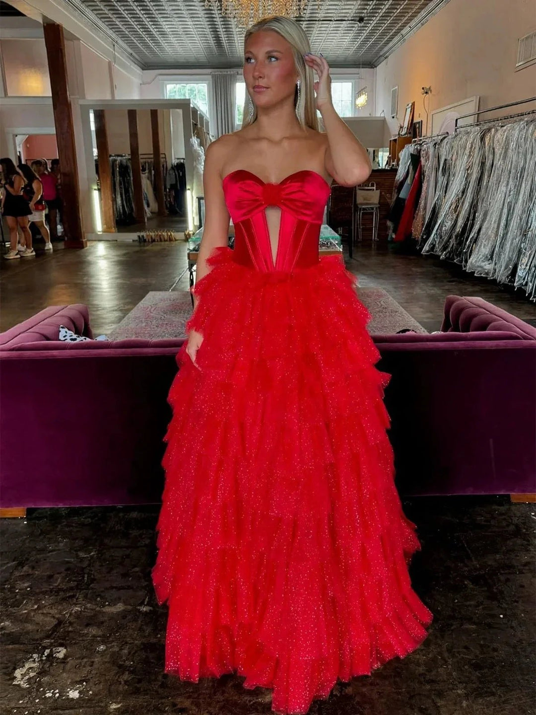 Rozara | Fuchsia A-Line Sweetheart Keyhole Tiered Tulle Long Prom Dresses by KissProm