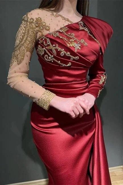 Vestido de Festa de Cetim Elástico com Cauda de Sereia, Mangas Assimétricas Compridas e Folhos Rubi