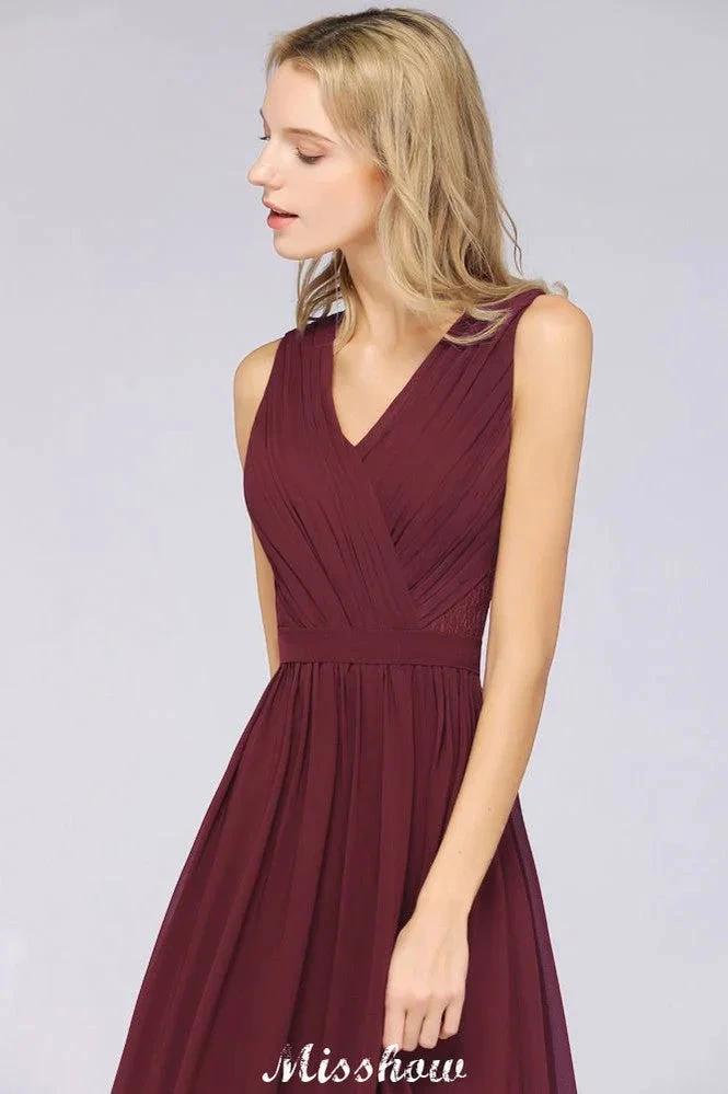 Ruffle A-Line Floor-Length Bridesmaid Dress Chiffon Lace V-Neck Evening Dress by misshow.com
