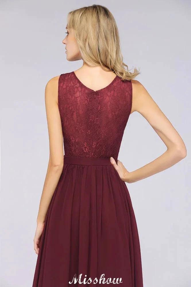 Ruffle A-Line Floor-Length Bridesmaid Dress Chiffon Lace V-Neck Evening Dress by misshow.com