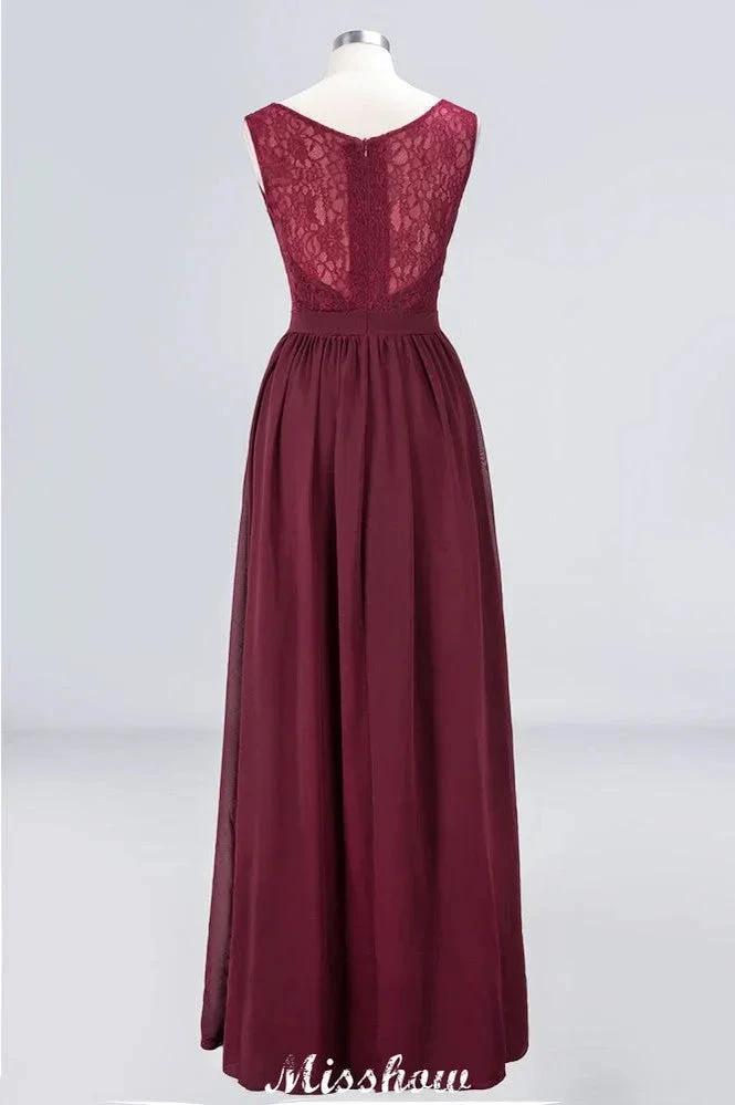 Ruffle A-Line Floor-Length Bridesmaid Dress Chiffon Lace V-Neck Evening Dress by misshow.com
