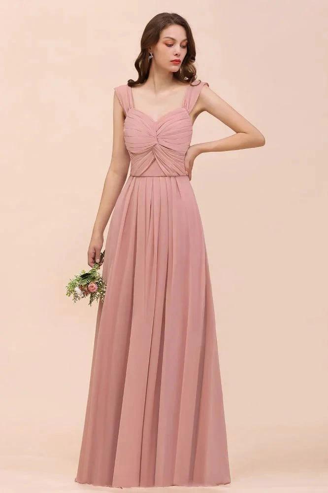 Vestido de dama de honra para meninas, estilo A-line maxi, com alças de babados, em rosa poeira