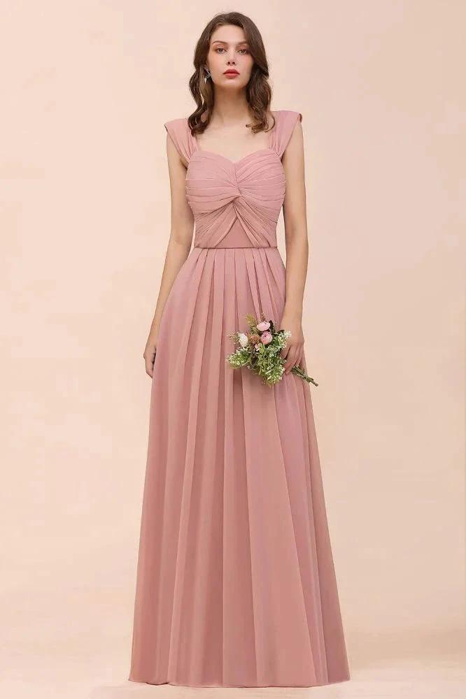 Vestido de dama de honra para meninas, estilo A-line maxi, com alças de babados, em rosa poeira