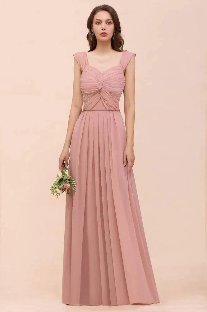 Vestido de dama de honra para meninas, estilo A-line maxi, com alças de babados, em rosa poeira
