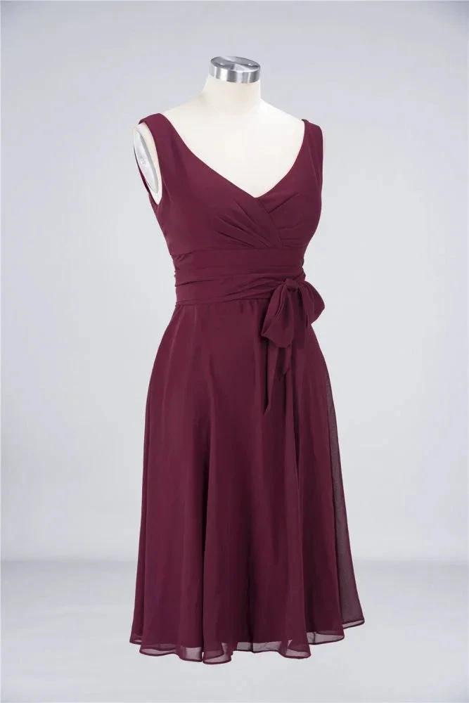 Ruffles Knee-Length Bridesmaid Dress Sleeveless V-Neck Mini Cocktail Party Dress by misshow.com