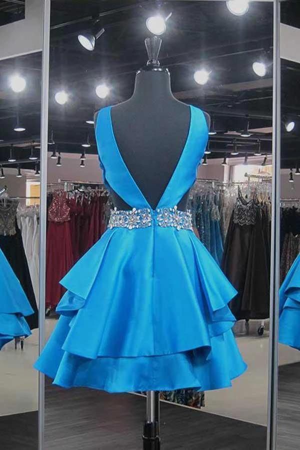 Satin Blue V-Neck Short Homecoming Dresses with Beadings PD042 by pgmdress