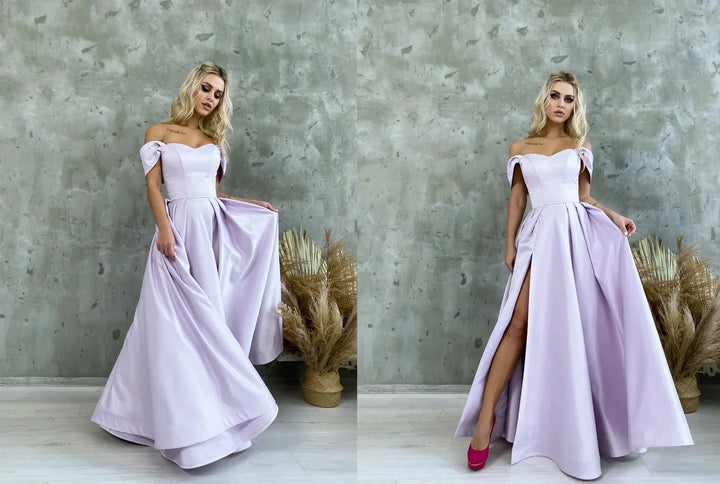 Satin Corset Off Shoulder Prom Dress with High Slit SYP184 by vivymakudress