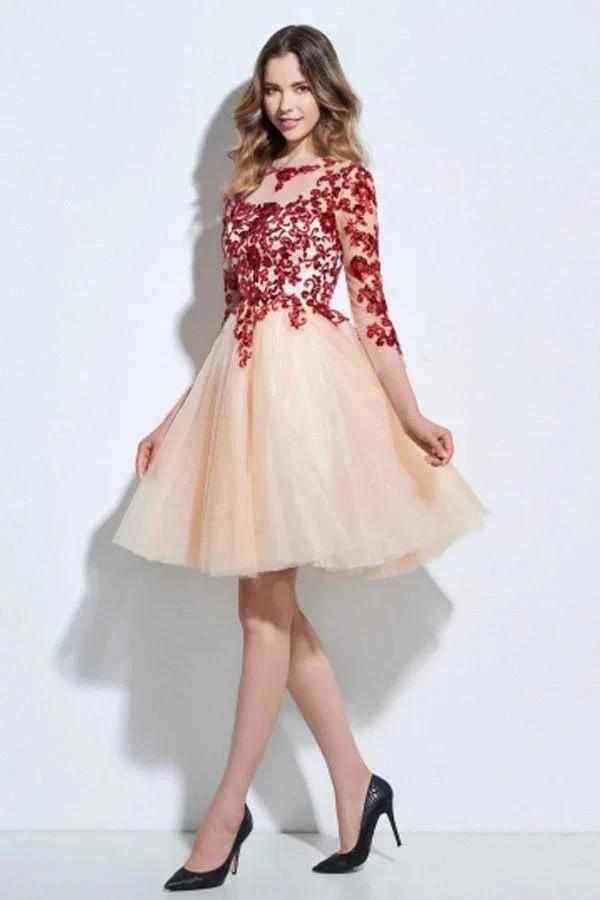 Scoop 3/4 Length Sleeves Appliques Sequins Knee-Length Cocktail Dress PG118 by pgmdress